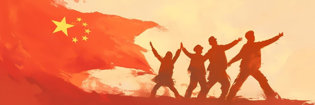 Peoples with rising fists holding Chinese flag. Party Founding Day, National Day of the People's Republic of China, China National Day, Labour Day. Propaganda patriotic concept for design