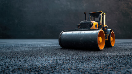 Model Road Roller On Smooth Asphalt-Gray Surface For Construction Display .