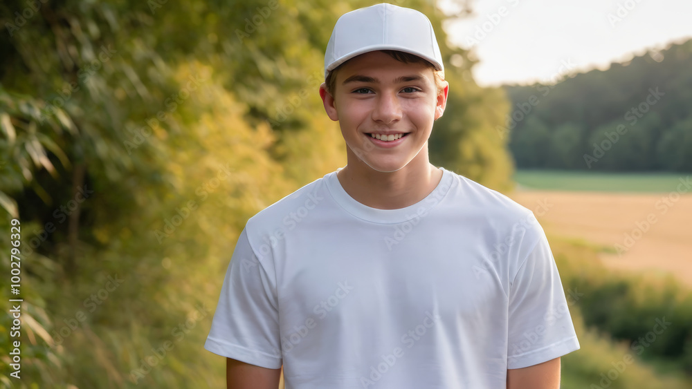 Wall mural Teenage boy wearing white t-shirt and white baseball cap standing in nature