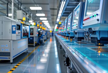 Naklejka premium High-Tech Factory. Automated production line with robotic arms and control panels in modern manufacturing facility.