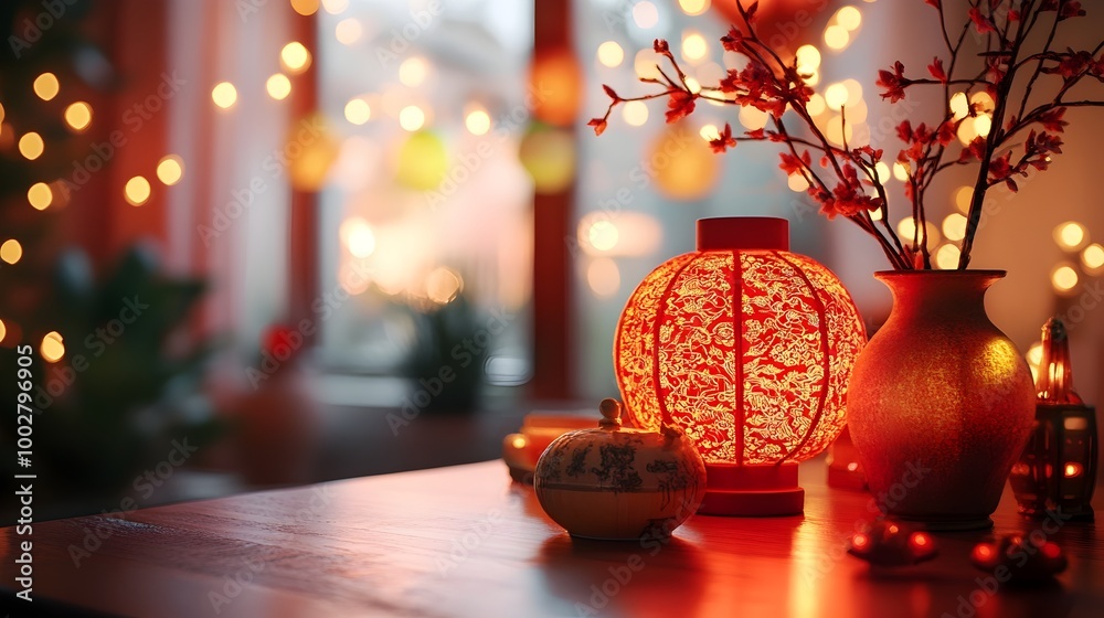 Wall mural cozy and festive chinese new year scene with vibrant red lighting and symbols of unity and prosperit