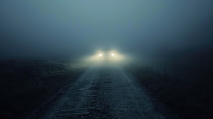 Mysterious Foggy Road with Car Lights in Distance