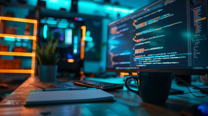 A Modern Workspace With Glowing Monitors and Code Displayed During a Late-Night Programming Session