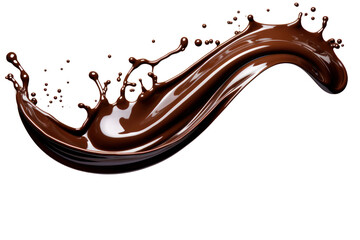 Melted chocolate forming a long, elegant splash, with droplets catching light and adding a glossy sheen isolate on white background.