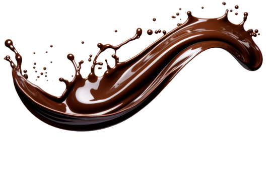 Melted chocolate forming a long, elegant splash, with droplets catching light and adding a glossy sheen isolate on white background.