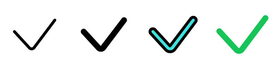 Vector check checkmark verify mark icon. Black, white background. Perfect for app and web interfaces, infographics, presentations, marketing, etc.