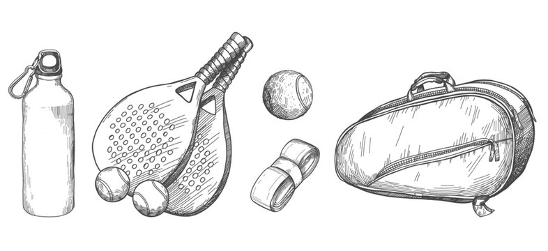 Vector seamless pattern with pickleball equipment. Pattern with balls and rackets, sports bag and bottle in sketch style.