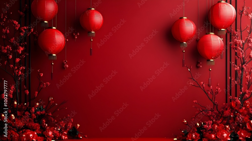 Wall mural vibrant red chinese new year backdrop with hanging lanterns joyful symbols and colorful creating a f