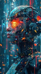 Fototapeta premium Futuristic Cybernetic Woman in Digital Landscape