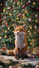 red fox sitting in front of a decorated Christmas tree 