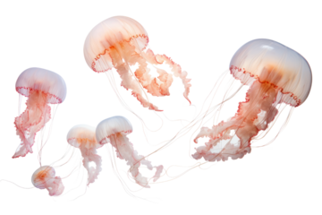 Group of jellyfish swimming in synchronized motion with delicate tentacles trailing behind isolated on white background.