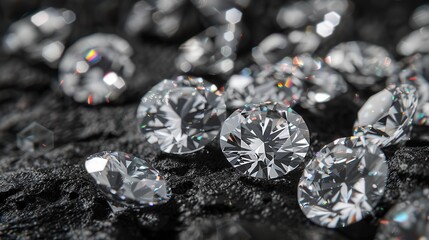 Beautiful sparkling diamonds scattered on a dark surface, showcasing their brilliance and clarity, perfect for luxury themes.