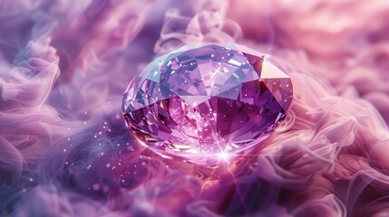 A stunning purple diamond glimmers amidst a dreamy haze, showcasing intricate facets and vibrant reflections.