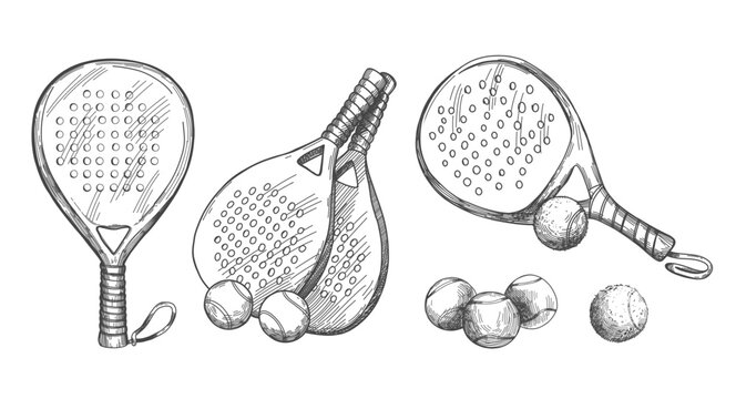 Vector illustration with pickleball equipment. Balls and rackets in sketch style.