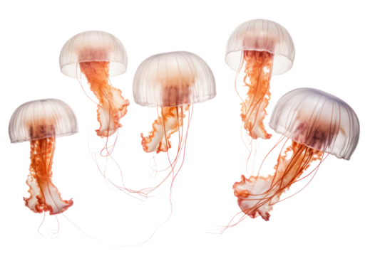 Group of jellyfish swimming in synchronized motion with delicate tentacles trailing behind isolated on white background.