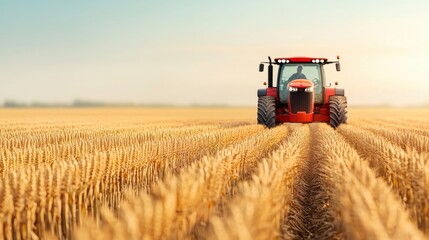 Fototapeta premium Red Tractor Working in a Golden Wheat Field