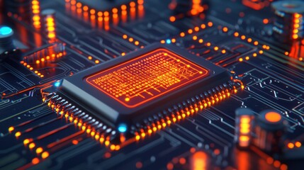 Fototapeta premium Vibrant Circuit Board with Glowing Microchip Details