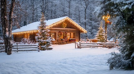 Cozy and rustic log cabin nestled in a snowy forest landscape with twinkling holiday lights festive Christmas a warm inviting atmosphere perfect for family gatherings during the winter season