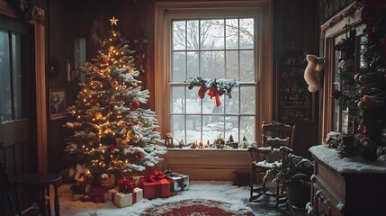 Vintage Christmas snow scene with rustic home decor frosted windows and an old fashioned Christmas tree creating a nostalgic and festive atmosphere