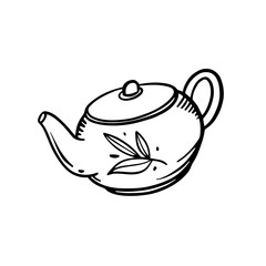 An Elegant Teapot Illustration Featuring an Intricate Leaf Design and Beautiful Details