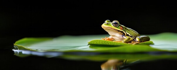Green frog sits on a lily pad in a pond