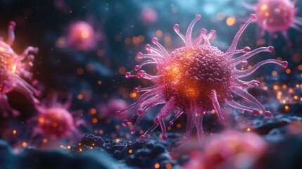 Hyper-detailed Image of Cancer Cells Under a Microscope for Scientific Research and Education