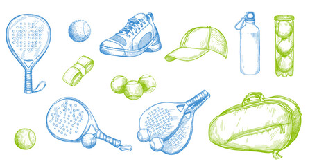 Vector seamless pattern with pickleball equipment. Pattern with balls and rackets, sports bottle and bag, sneakers in sketch style.