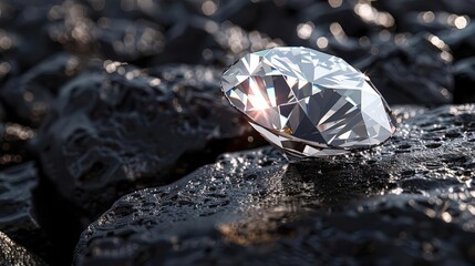 A stunning diamond rests upon dark, textured rock, showcasing its brilliance and clarity against a contrasting background.