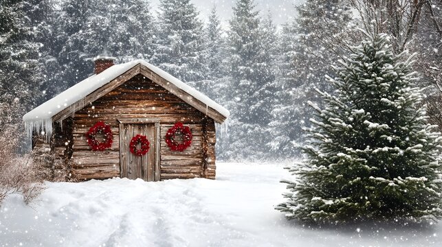 Cozy and charming rustic log cabin nestled in a snowy winter forest landscape adorned with classic Christmas holiday wreaths and decor evoking a nostalgic and festive atmosphere