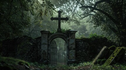 Mysterious Ruins with Cross in Enchanted Forest