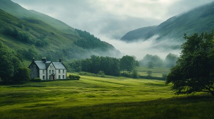 Obraz premium A white house sits in a lush green valley surrounded by misty hills.