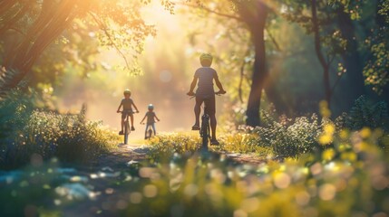 Obraz premium A family with children cycling together in a countryside, active lifestyle and family bonding.