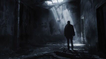 Mysterious Figure in Abandoned Dark Room