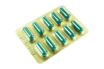 One strip of capsules isolated on transparent background.