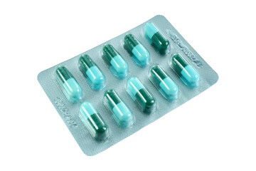 One strip of capsules isolated on transparent background.