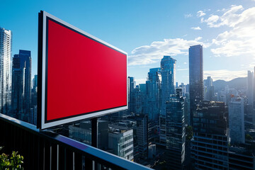 Photorealistic white horizontal billboard mockup overlooking a cityscape of highrise buildings, white horizontal billboard  mockup  cityscape, urban skyline ad