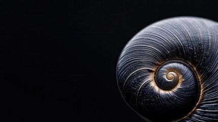 Close-up of a snail shell with a golden background, showcasing the intricate details of its spiral pattern.