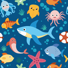 Naklejka premium A vibrant, cartoon-style seamless pattern featuring various sea creatures and plants. Perfect for children's products, textiles, or adding a playful touch to any design project.