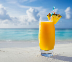 A refreshing tropical cocktail with pineapple and orange juice, garnished with an umbrella straw, set against a background of a beach.