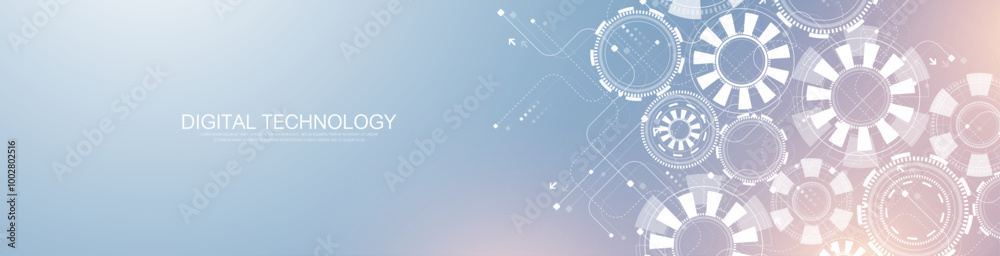 Aufkleber Abstract digital technology background with circuit board texture. Abstract gear wheel mechanism background. Engineering concept for poster, header, banner, website, presentation.