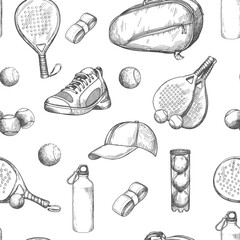 Vector seamless pattern with pickleball equipment. Pattern with balls and rackets, sports bag and bottle in sketch style.