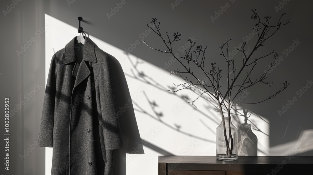 Poster Elegant Gray Coat with Shadow Play and Minimalist Decor