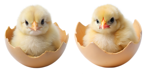 Cute fluffy chicks hatching from eggs on transparent background. The concept of birds and new life.