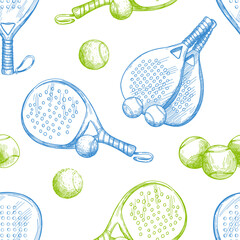 Vector seamless pattern with pickleball equipment. Pattern with balls and rackets in sketch style.