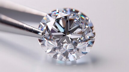 Fototapeta premium Close-up of a brilliant diamond held by tweezers, showcasing its clarity and sparkling facets against a light background.