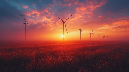 Obraz premium Wide Shot of Wind Turbines at Sunrise for Renewable Energy Visualization