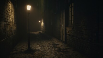 Dimly Lit Cobblestone Alley at Night