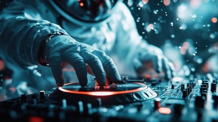 An astronaut in a spacesuit operates DJ turntables amidst a lively space-themed party, blending...