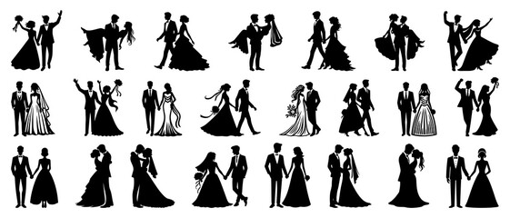 Set of wedding couple silhouettes. Bride and groom black filled vector Illustration icon