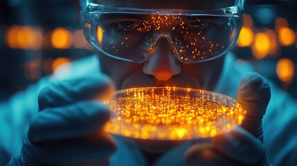 Scientist Holding a Petri Dish in a Futuristic Research Setting for Science and Technology Usage